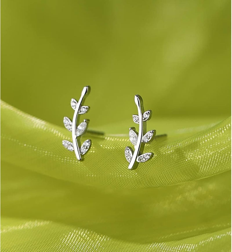 Reffeer Solid 925 Sterling Silver Leaf Crawler Stud Earrings for Women Teen Girls Crystal Leaf Stud Earrings - Image 3
